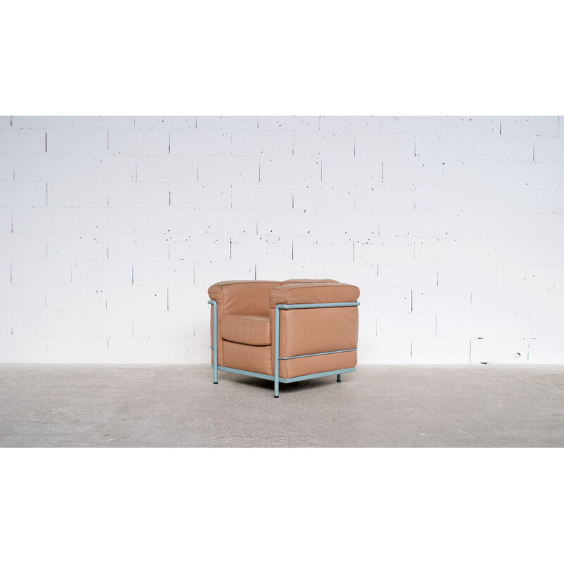 Vintage Sessel Lc2 aus grün lackiertem Stahl und hellbraunem Leder von Le Corbusier für Cassina, 1970