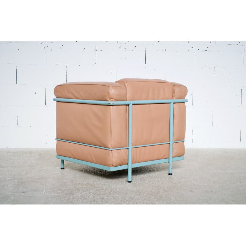 Vintage Lc2 armchair in green lacquered steel and light brown leather by Le Corbusier for Cassina, 1970s