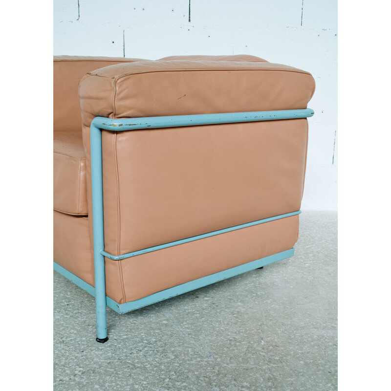 Vintage Lc2 armchair in green lacquered steel and light brown leather by Le Corbusier for Cassina, 1970s