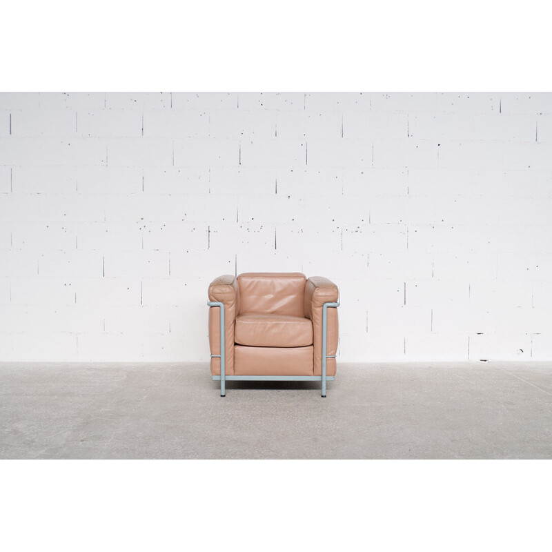 Vintage Lc2 armchair in green lacquered steel and light brown leather by Le Corbusier for Cassina, 1970s