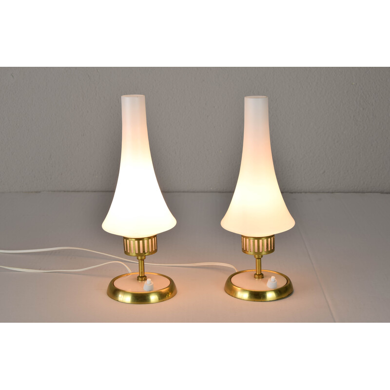 Pair of vintage cream brass and matte opaline table lamps, Sweden 1950s