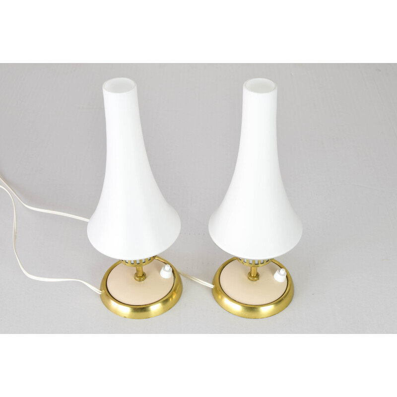 Pair of vintage cream brass and matte opaline table lamps, Sweden 1950s