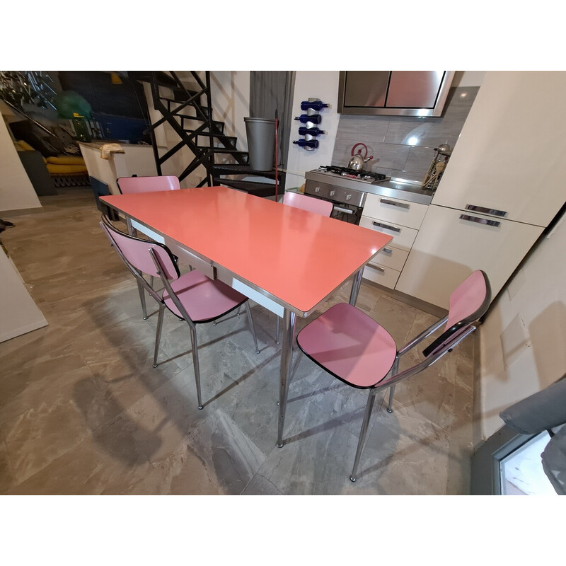 Ensemble à repas vintage en formica rose et chrome, Italie 1950