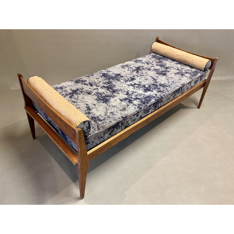 Sofá cama de carvalho vintage, veludo e cortiça cinzenta, 1950