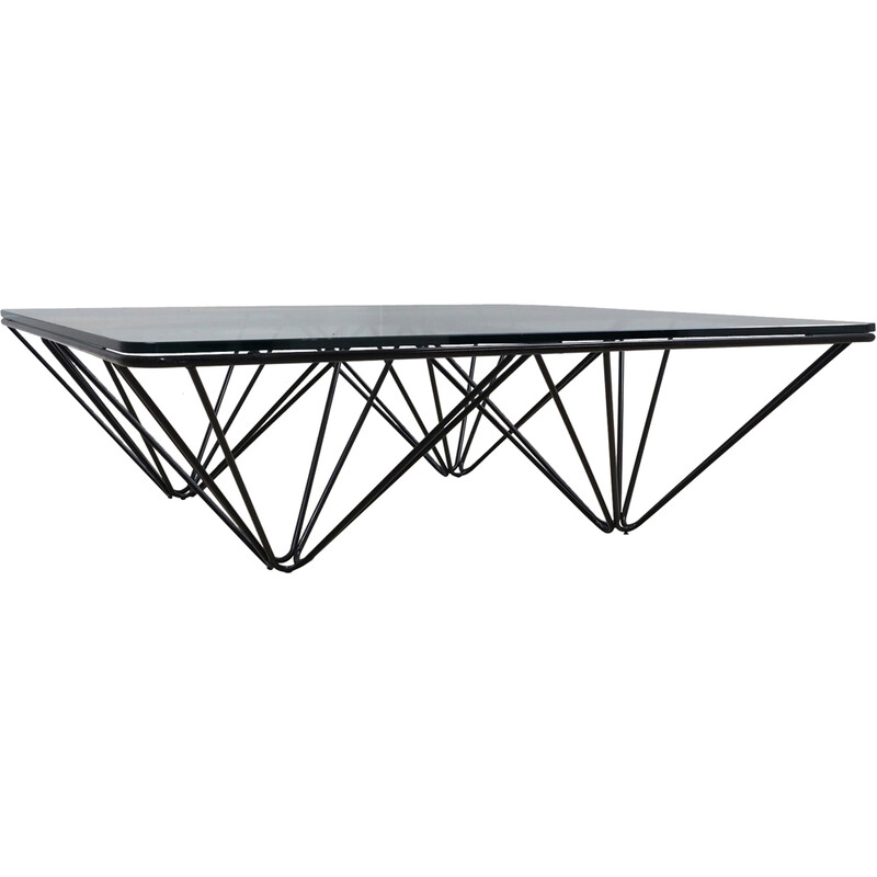 Vintage geometric coffee table in black lacquered tubular iron and transparent glass, Italy 1980s