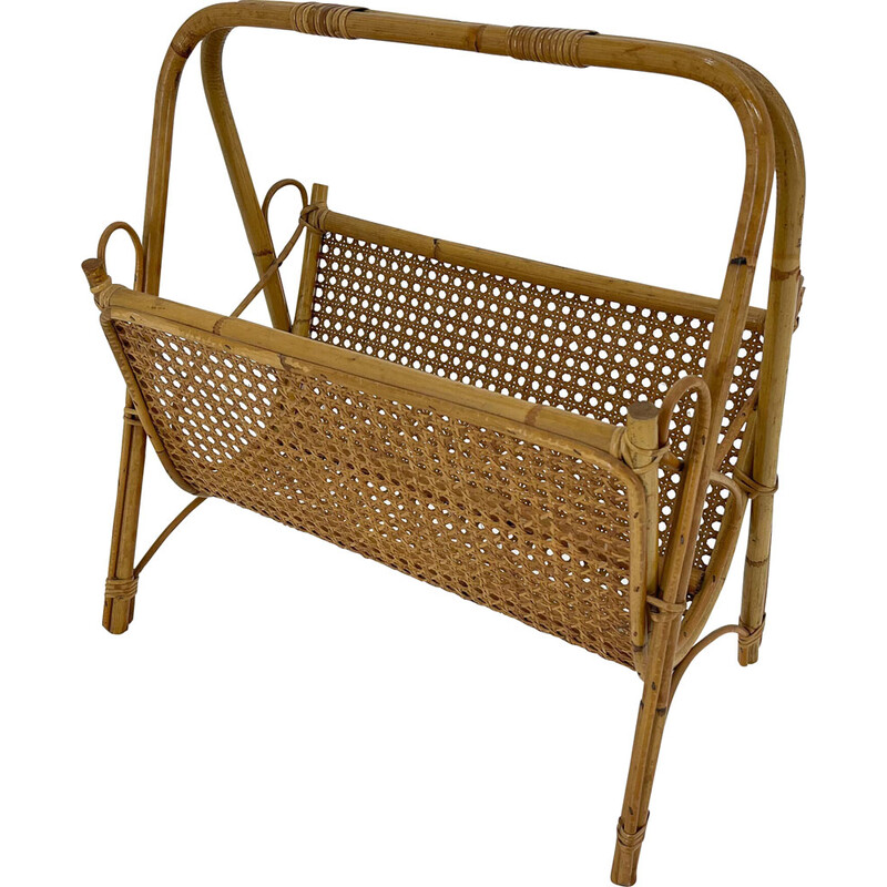 Vintage bamboo and rattan magazine rack, Italy 1970s