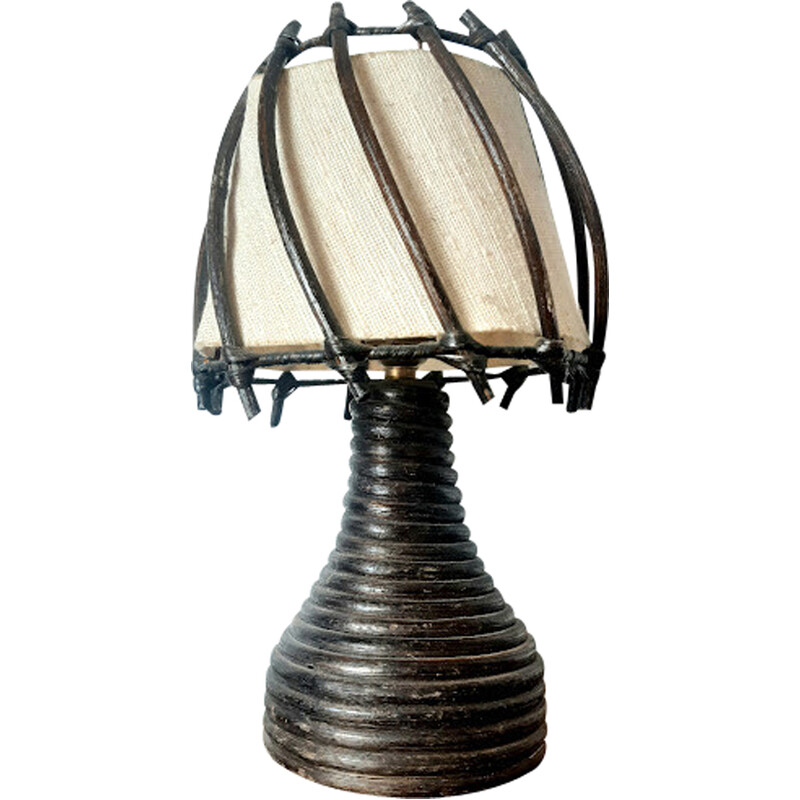 Lampada da tavolo vintage in rattan e tessuto di Louis Sognot, 1950