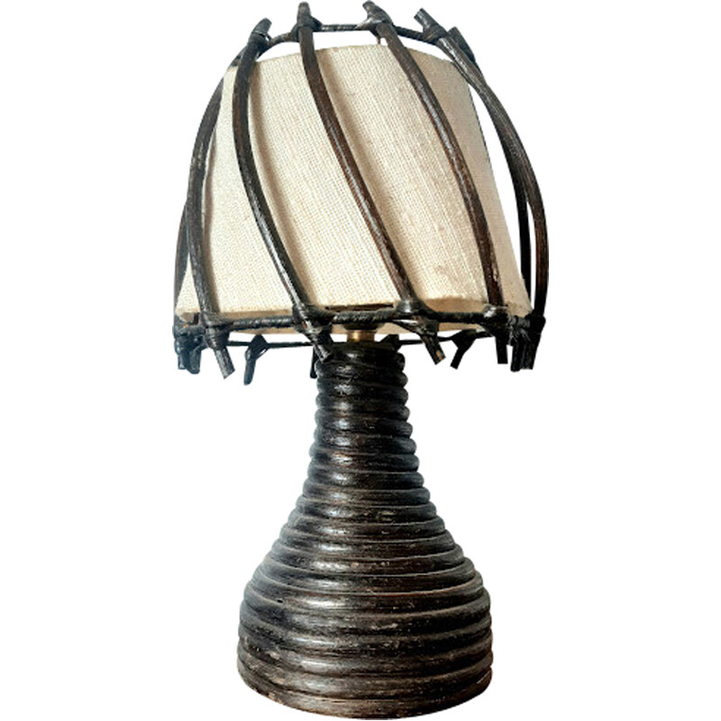 Lampe de table vintage en rotin et tissu par Louis Sognot, 1950