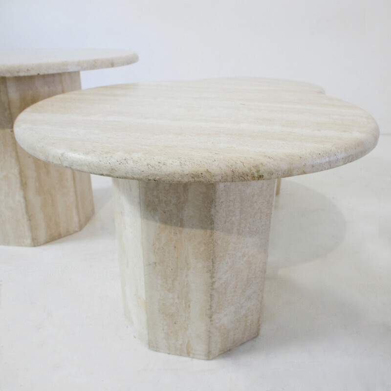 Set of 3 vintage round travertine side tables, Italy 1970s