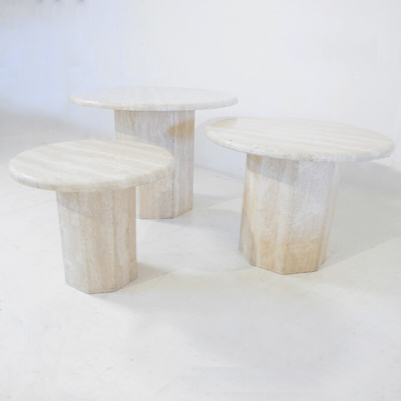 Set of 3 vintage round travertine side tables, Italy 1970s