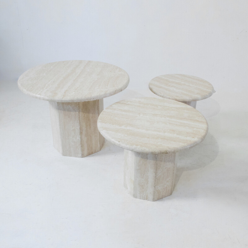 Set of 3 vintage round travertine side tables, Italy 1970s