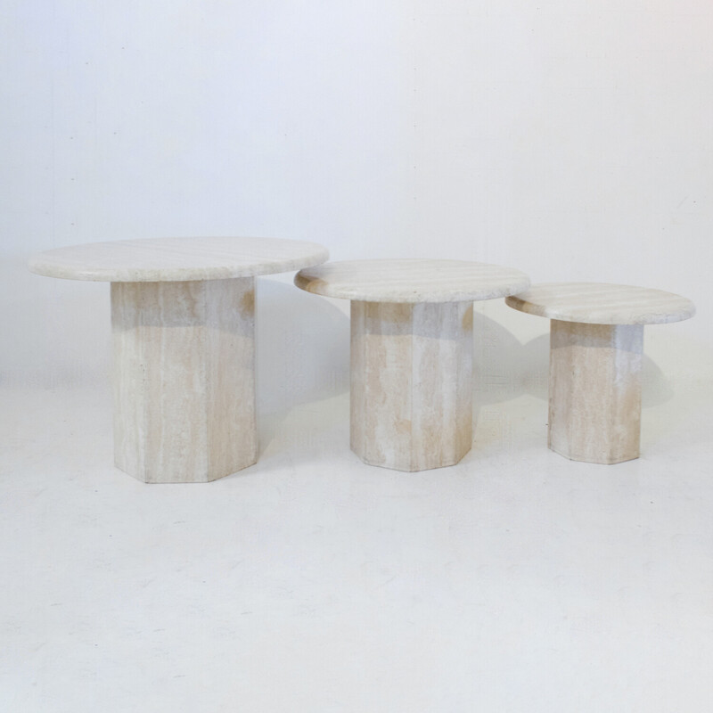 Set of 3 vintage round travertine side tables, Italy 1970s