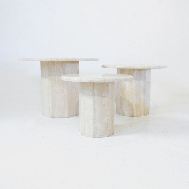 Set of 3 vintage round travertine side tables, Italy 1970s