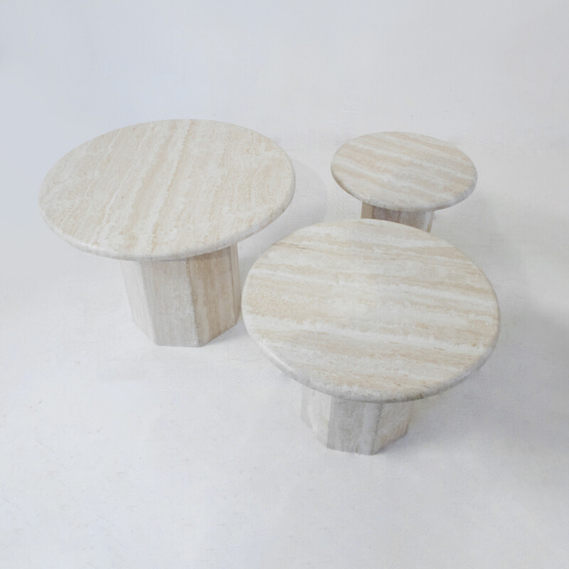 Set of 3 vintage round travertine side tables, Italy 1970s