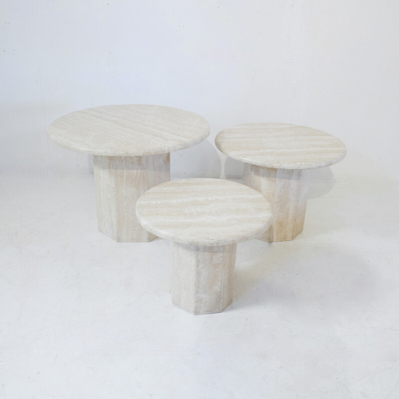 Set of 3 vintage round travertine side tables, Italy 1970s