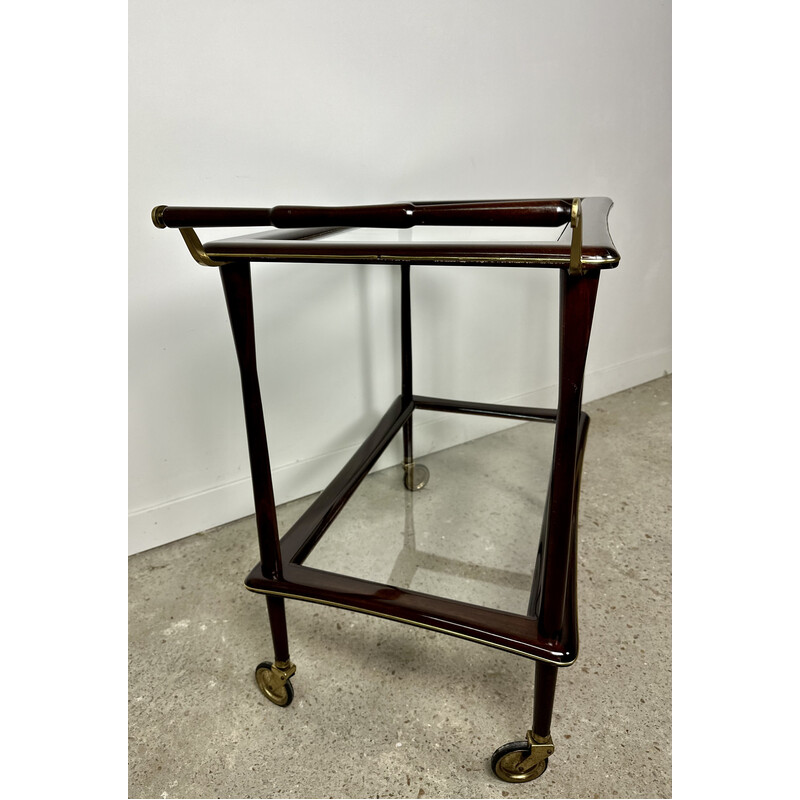 Vintage serving table in rosewood and brass by Cesare Lacca, Italy 1950s