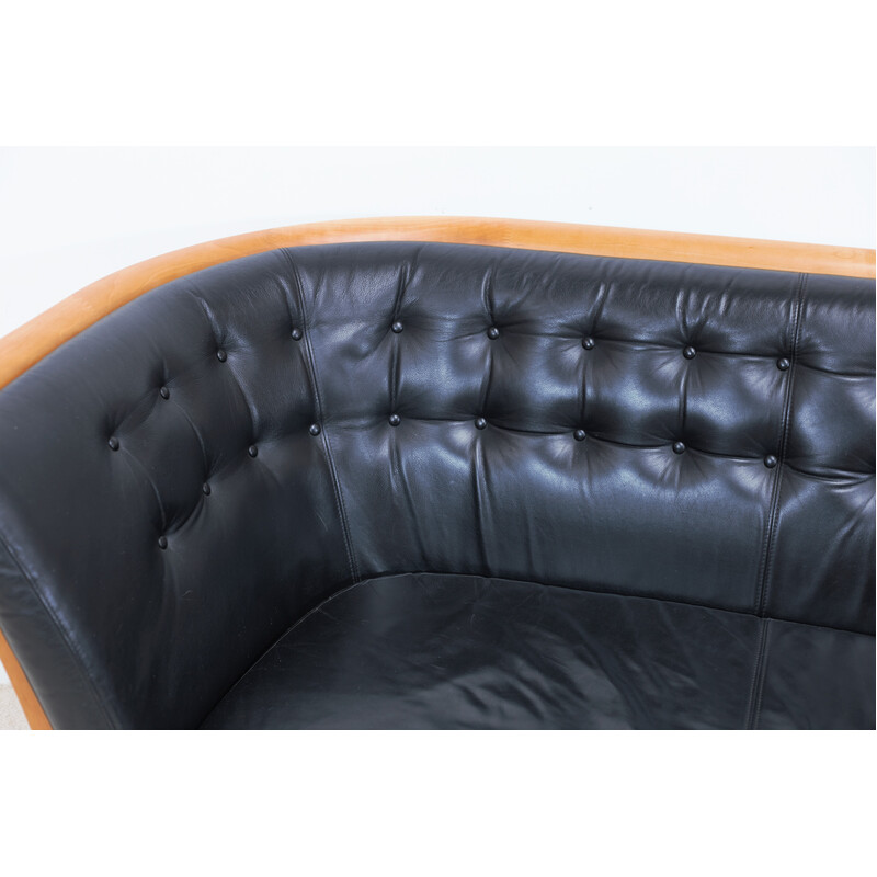 "Monica" vintage sofa in black leather and cherry wood for Stouby