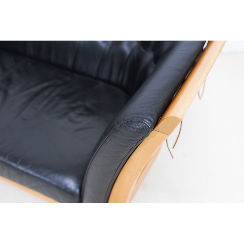 "Monica" vintage sofa in black leather and cherry wood for Stouby