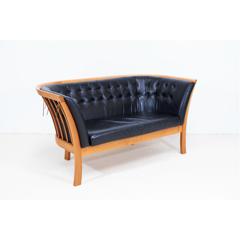 "Monica" vintage sofa in black leather and cherry wood for Stouby