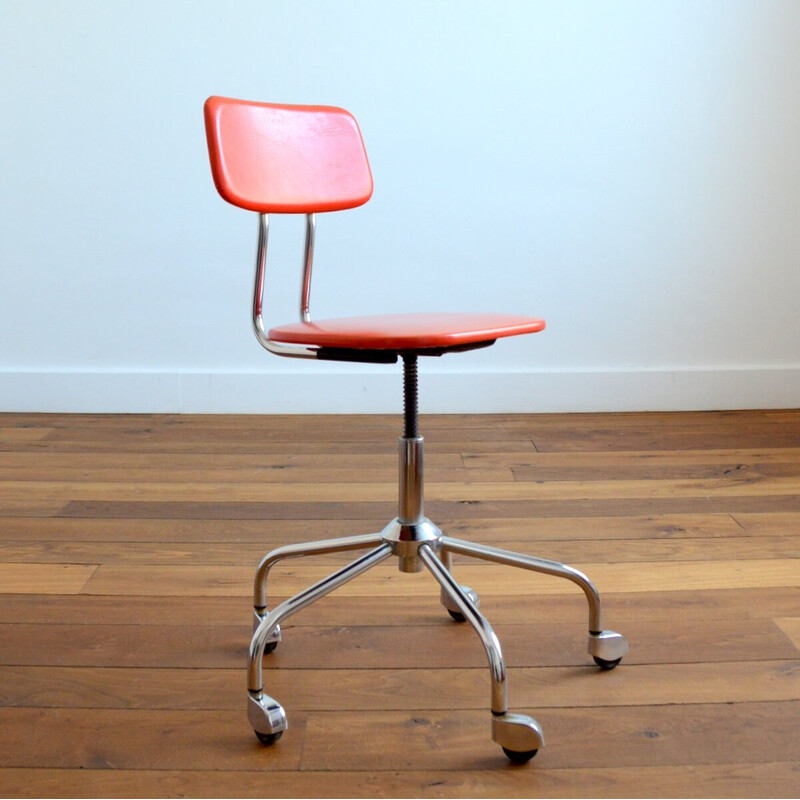 Vintage adjustable chrome and orange vinyl desk chair, 1960s