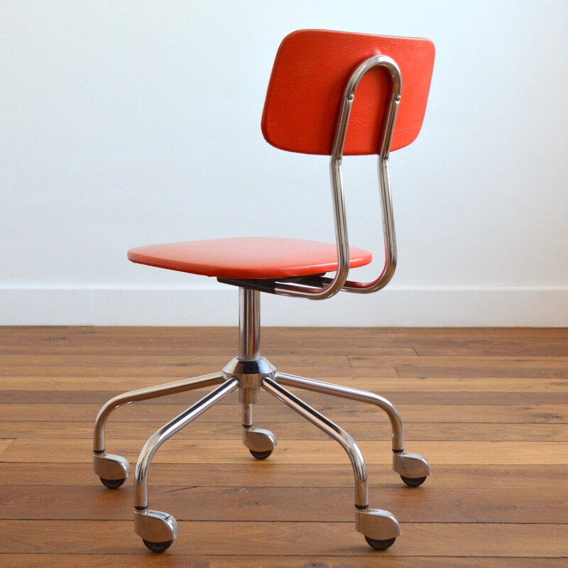 Fauteuil de bureau vintage réglable en chrome et vinyle orange, 1960