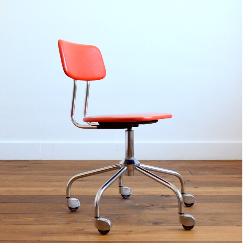 Vintage adjustable chrome and orange vinyl desk chair, 1960s