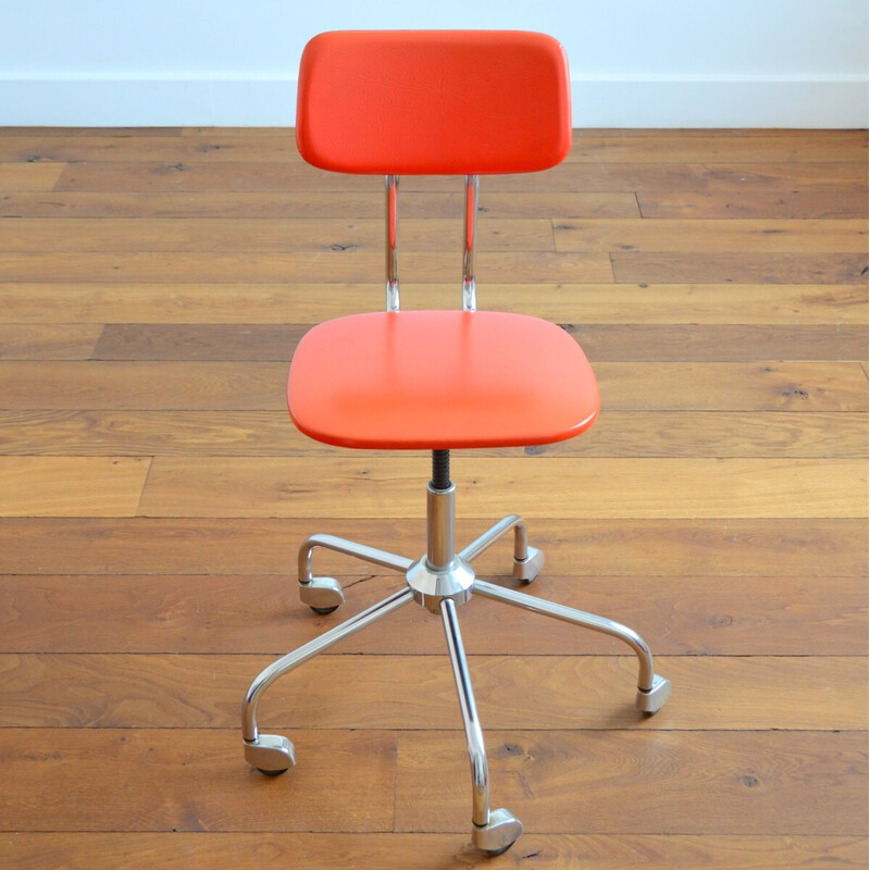 Cadeira de escritório em vinil cromo e laranja regulável Vintage, 1960