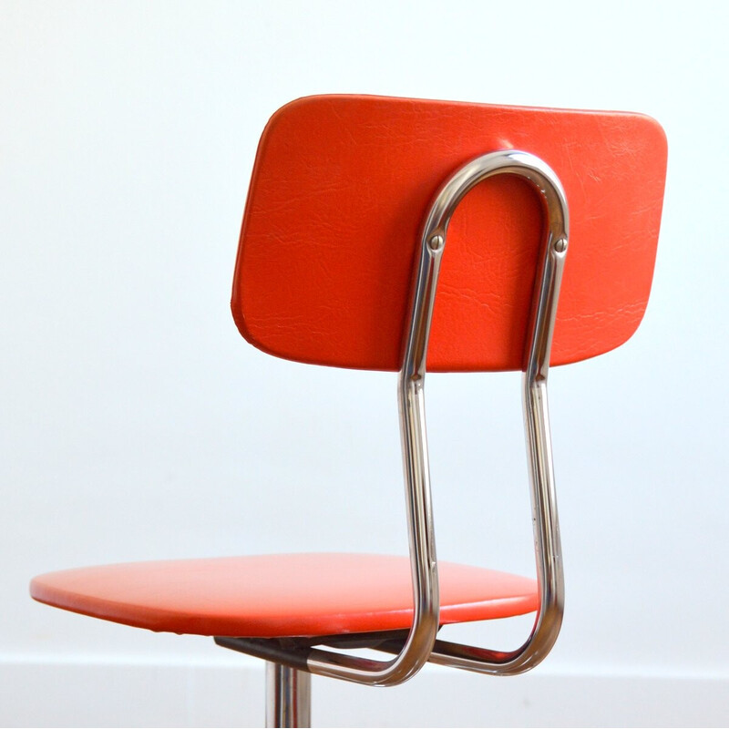 Cadeira de escritório em vinil cromo e laranja regulável Vintage, 1960