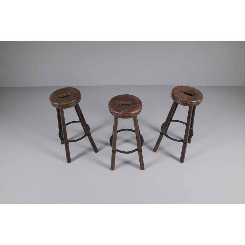 Set of 3 vintage bar stools in leather, wood and iron, Spain