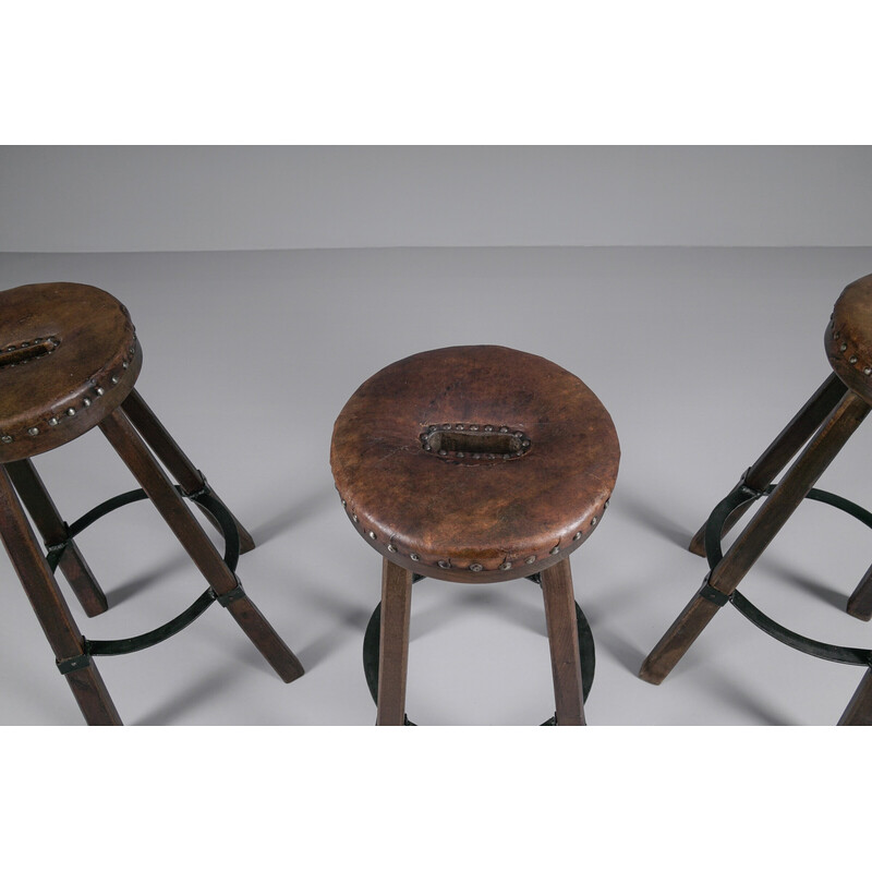 Ensemble de 3 tabourets de bar vintage en cuir, bois et fer, Espagne