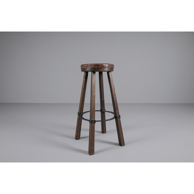 Set of 3 vintage bar stools in leather, wood and iron, Spain