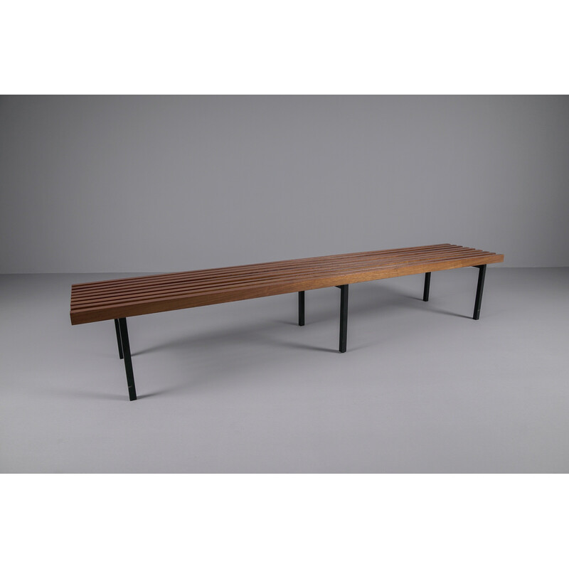Vintage solid wood bench on six square metal legs, 1960s