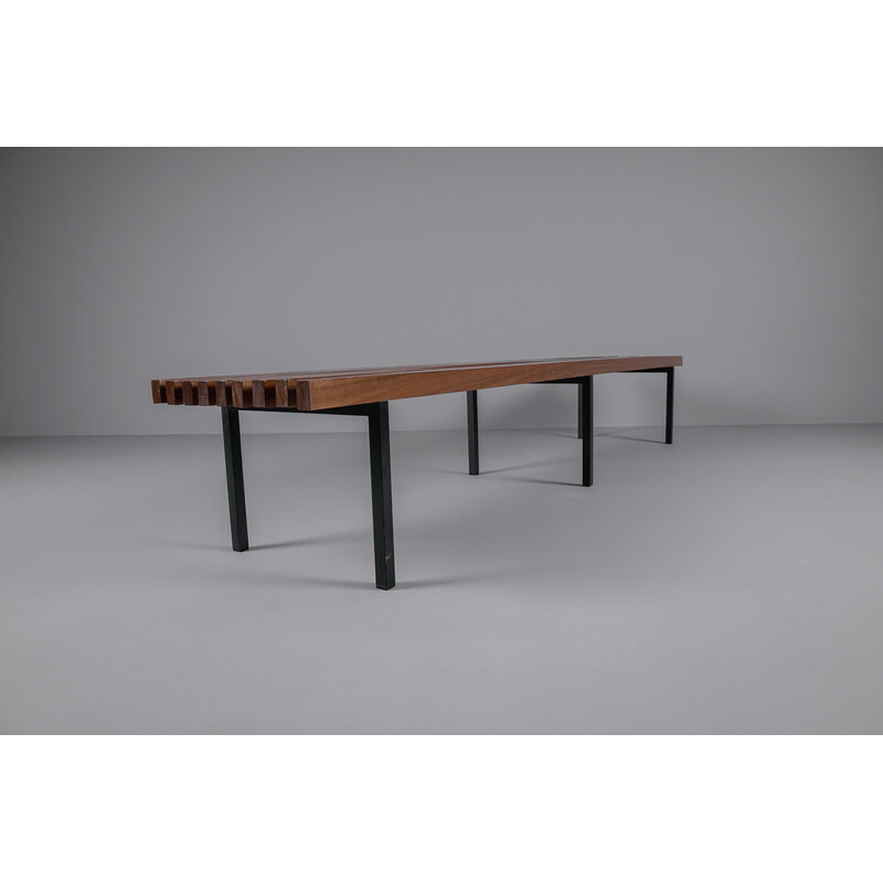 Vintage solid wood bench on six square metal legs, 1960s