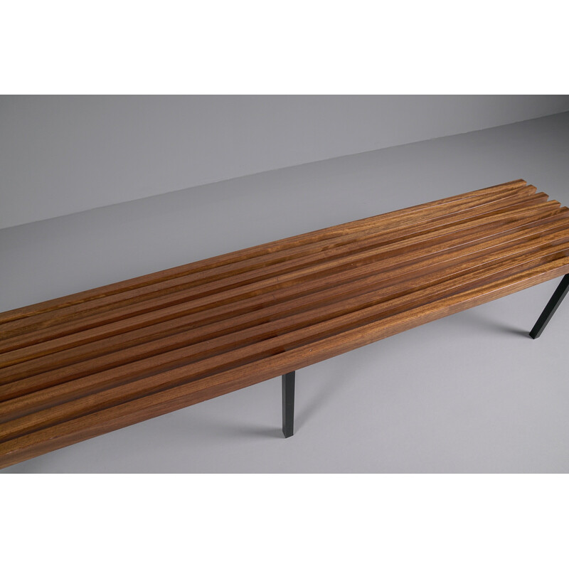 Vintage solid wood bench on six square metal legs, 1960s