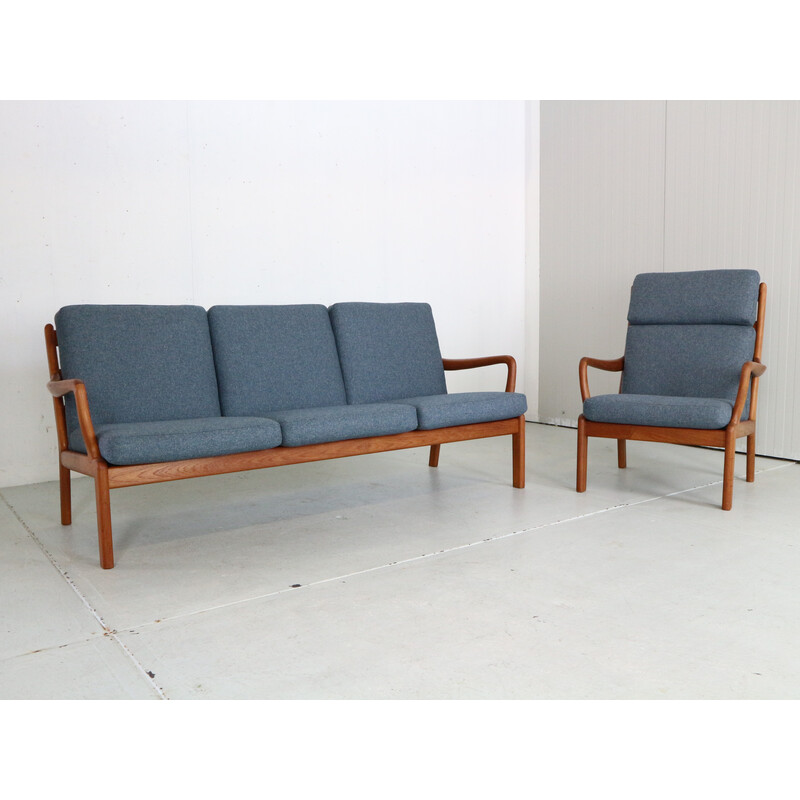 Vintage teak and blue wool living room set for L. Olsen& Son, Denmark 1960s