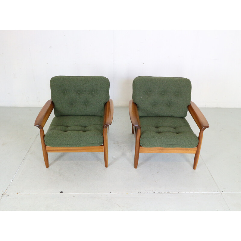 Vintage teak and green curly fabric living room set, Denmark 1960