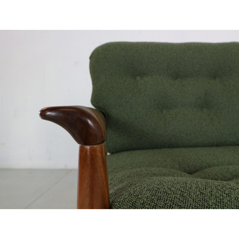 Vintage teak and green curly fabric living room set, Denmark 1960