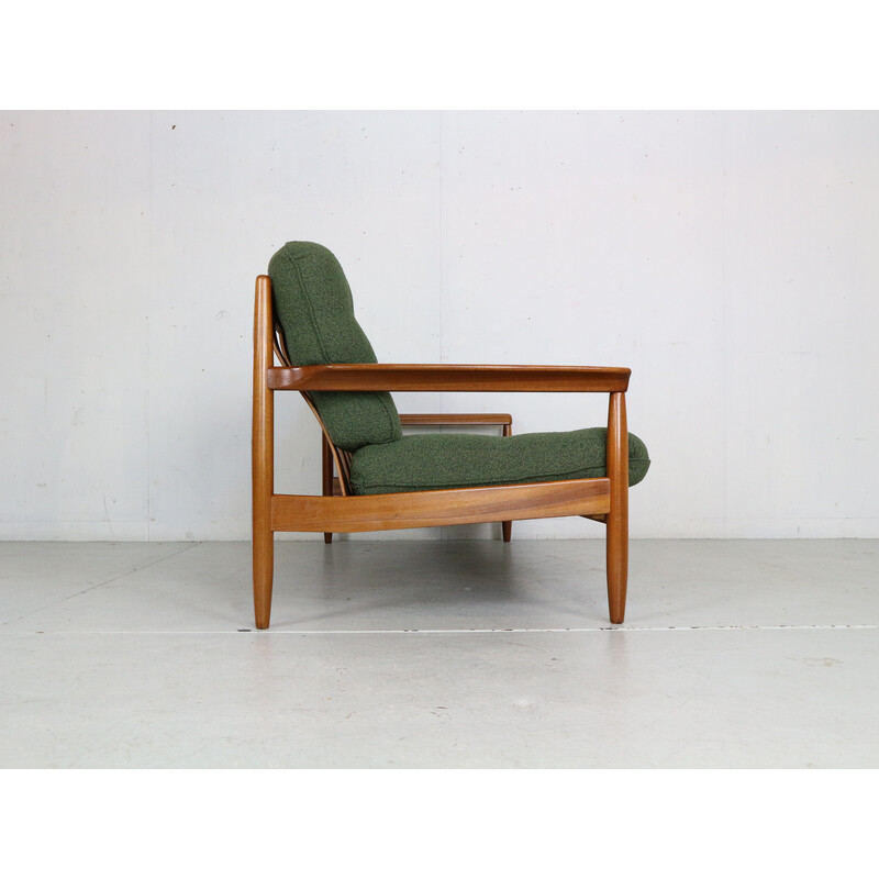 Vintage teak and green curly fabric living room set, Denmark 1960