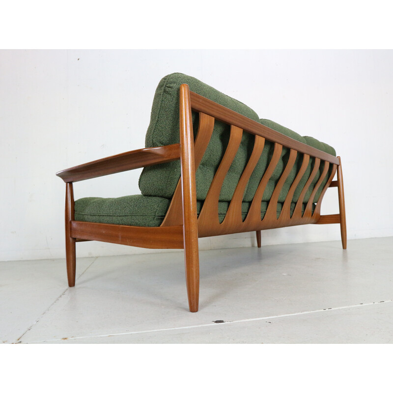 Vintage teak and green curly fabric living room set, Denmark 1960