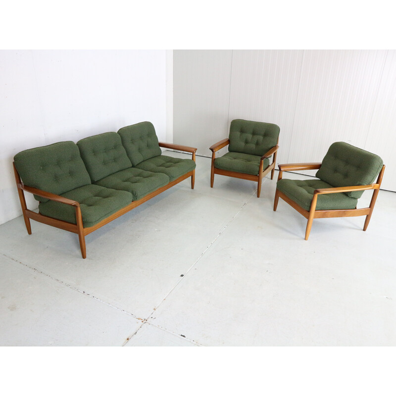 Vintage teak en groen krullend stoffen woonkamer set, Denemarken 1960