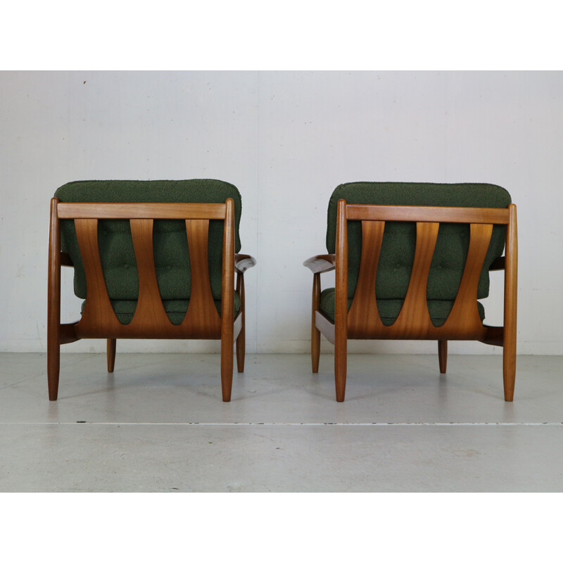 Vintage teak and green curly fabric living room set, Denmark 1960