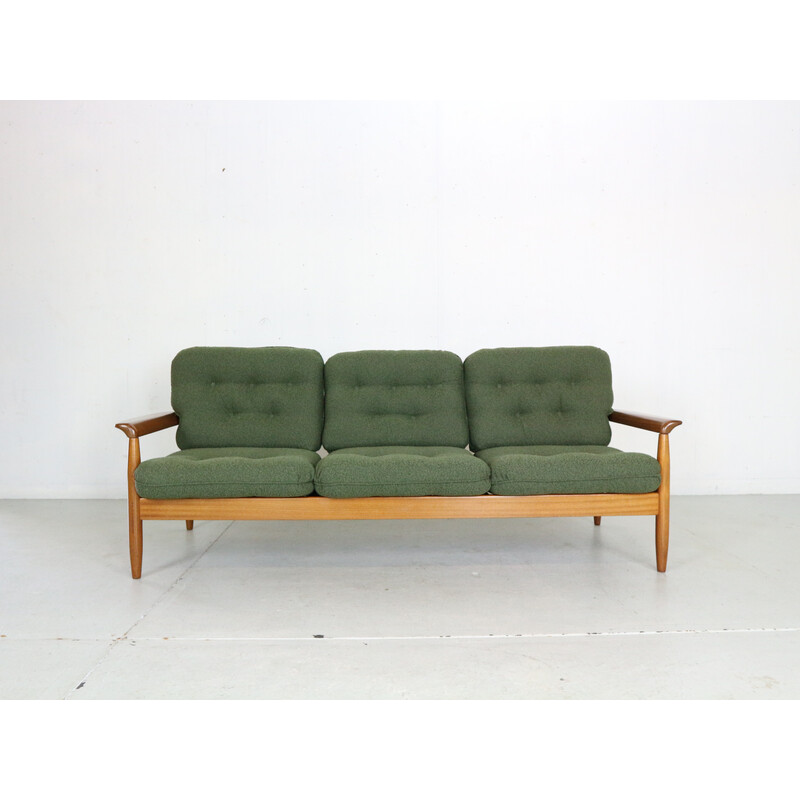 Vintage teak and green curly fabric living room set, Denmark 1960