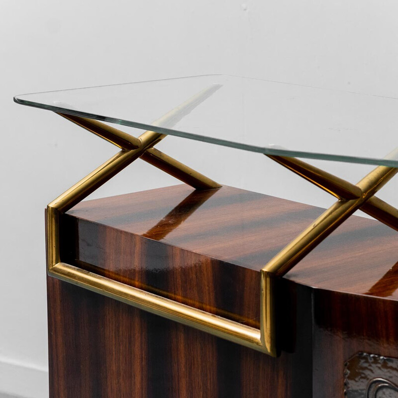 Mueble bar vintage de madera, cristal y latón, años 60