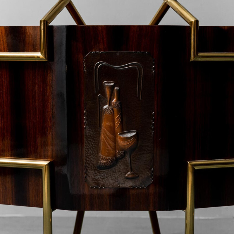 Meuble bar vintage en bois, verre et laiton, 1960