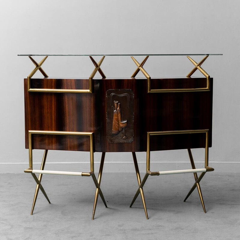 Vintage wood, glass and brass bar cabinet, 1960s