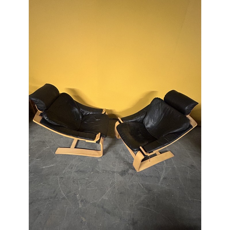 Paar Vintage-Sessel aus Leder und Buche von Ake Fribyter für Nelo Mobler, Schweden 1970er Jahre