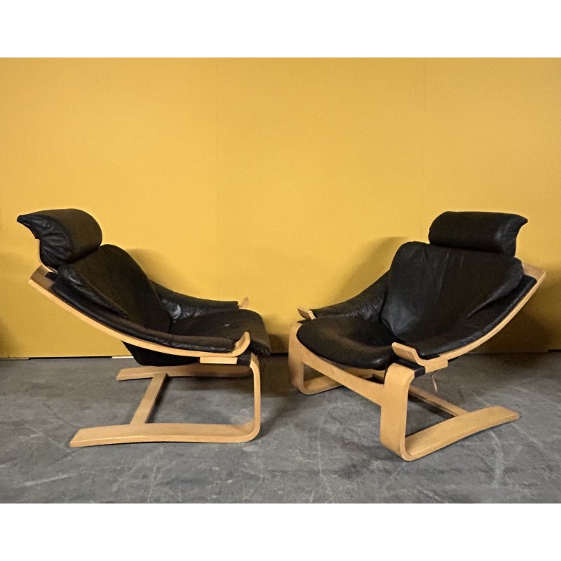 Paar vintage leren en beuken fauteuils van Ake Fribyter voor Nelo Mobler, Zweden 1970