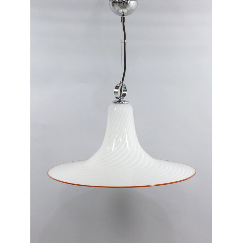 Vintage white glass suspension lamp, Italian 1970