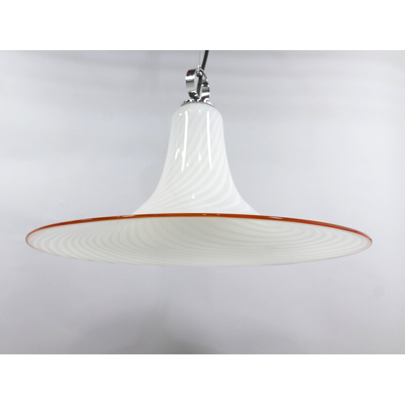 Vintage white glass suspension lamp, Italian 1970