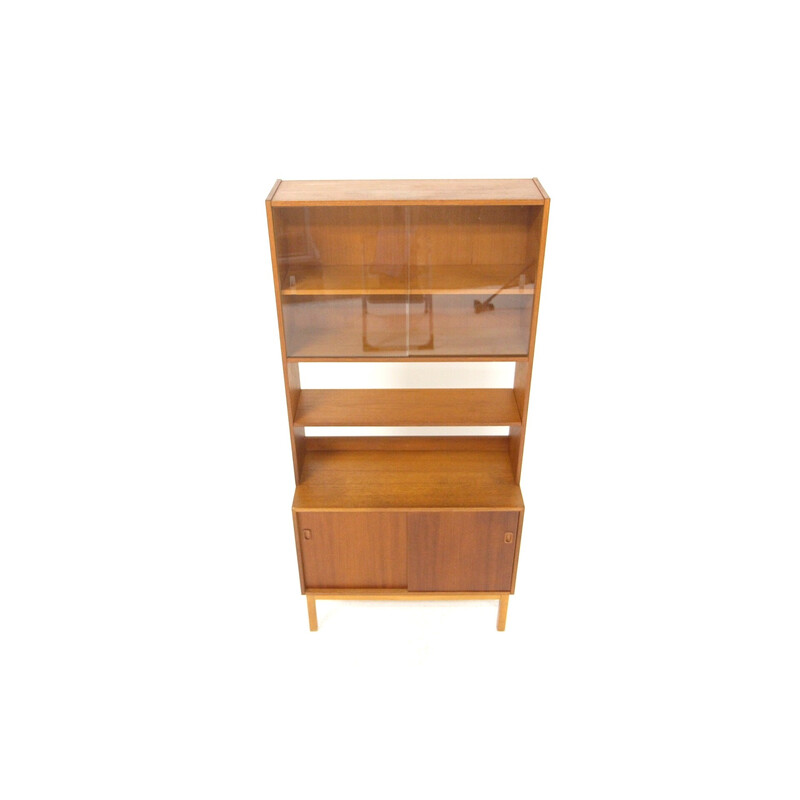 Vintage teak and beechwood display cabinet with sliding doors, Sweden 1960s